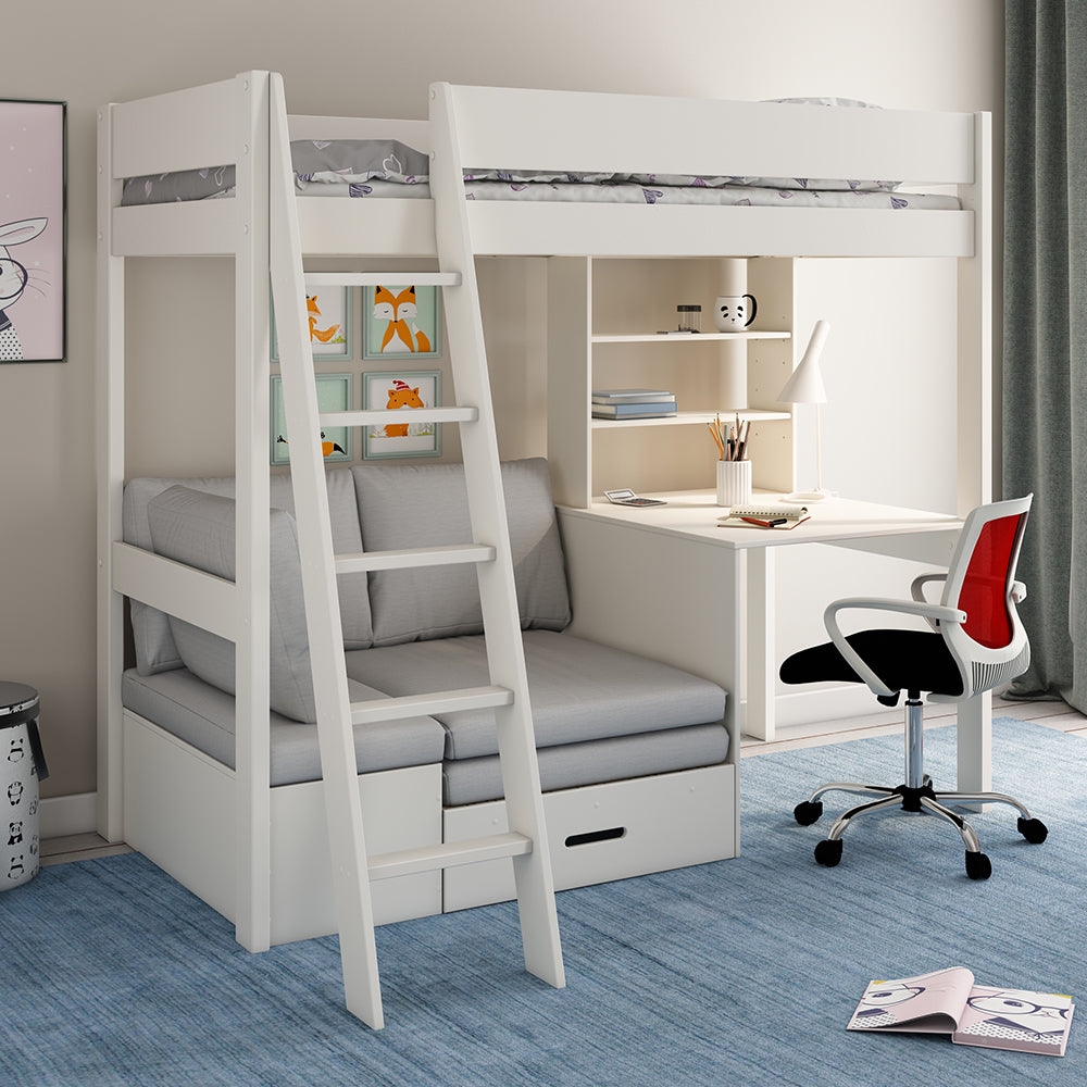 Voyager High Sleeper with Sofa, Desk Storage, White