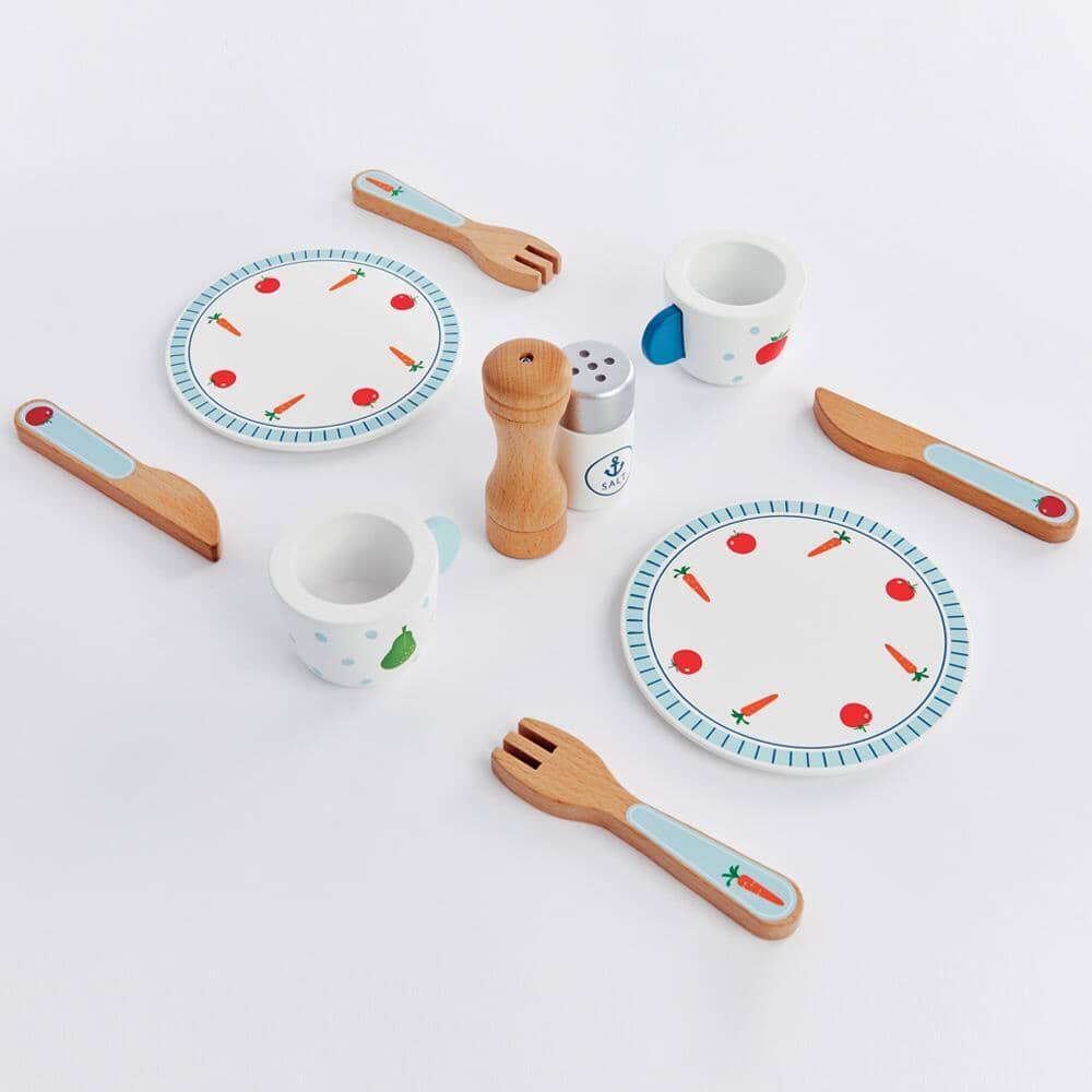 Wooden Toy Plates Cutlery Dinner Set