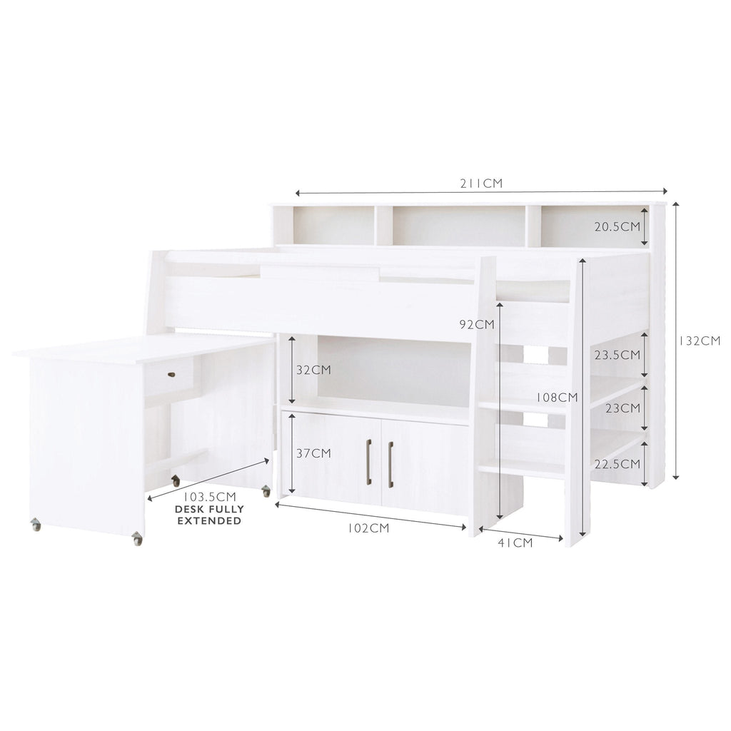 Cut-out of white Reece cabin bed with dimensions