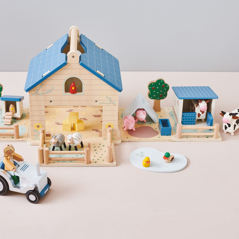 Wooden toy farm with wooden animals