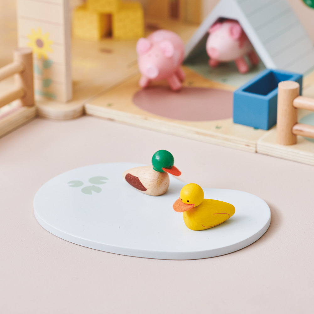 Wooden toy ducks in water