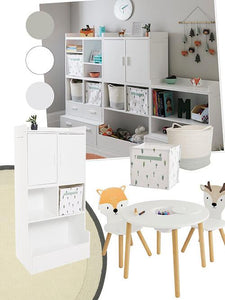 white playroom storage, white activity table for kids