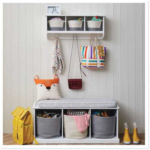 Abbeville cube storage bench with hallway wall shelf