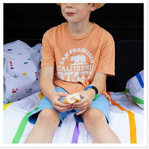 Little boy sitting on a picnic blanket