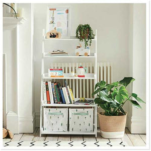 Ladder bookcase with canvas storage cubes