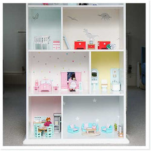 Townhouse bookcase with doll house furniture