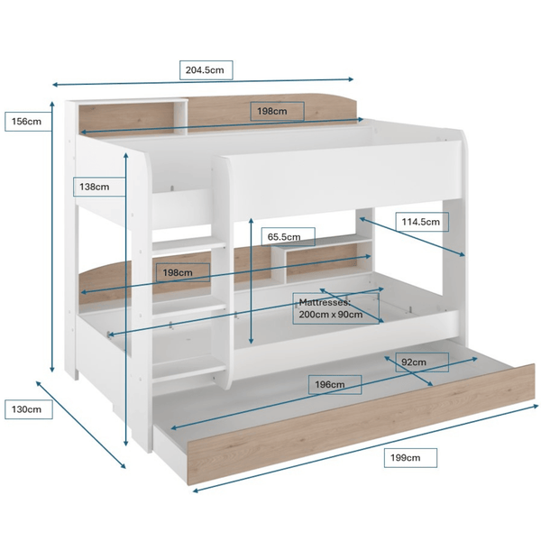 Newton Bunk Bed with Underbed Truckle, White & Oak