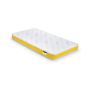 A mattress shown at an angle on a clean white background, featuring a white top surface with a subtle repeating pattern and a bright yellow side border.