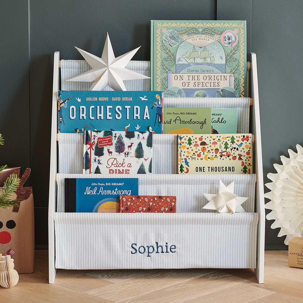 Personalised Sling Bookcase, Fine Blue Stripe