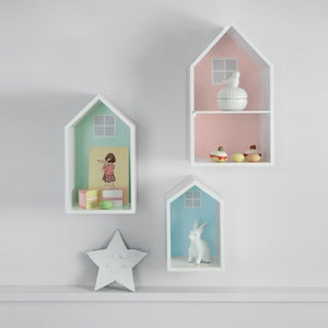 Pastel coloured wooden wall shelves and a star	