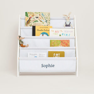 Personalised Sling Bookcase, Fine Blue Stripe