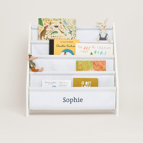 Personalised Sling Bookcase, Fine Blue Stripe