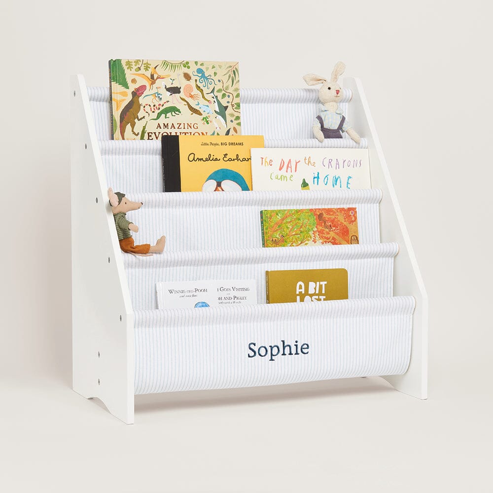 Personalised Sling Bookcase, Fine Blue Stripe