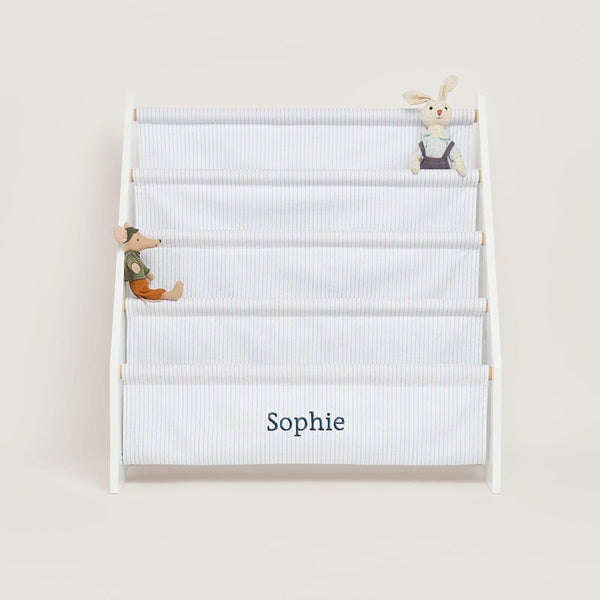 Personalised Sling Bookcase, Fine Blue Stripe