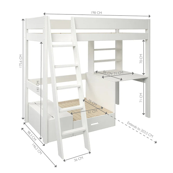 Voyager High Sleeper with Sofa, Desk & Storage, White