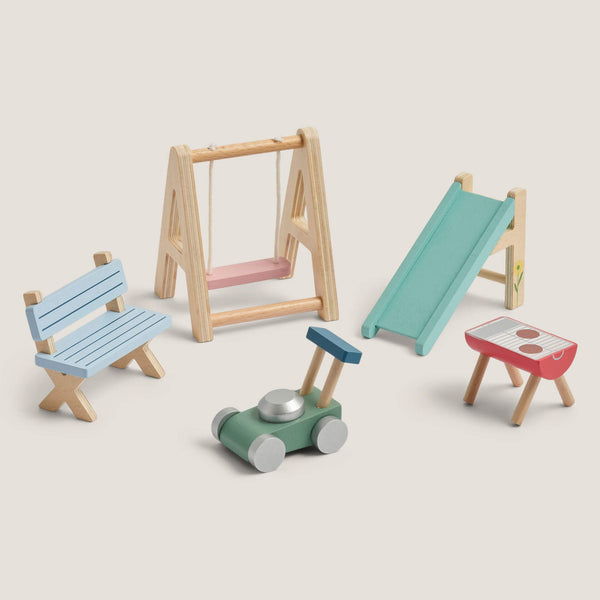 Set of colorful wooden toys including a swing, slide, bench, and cart on a light background
