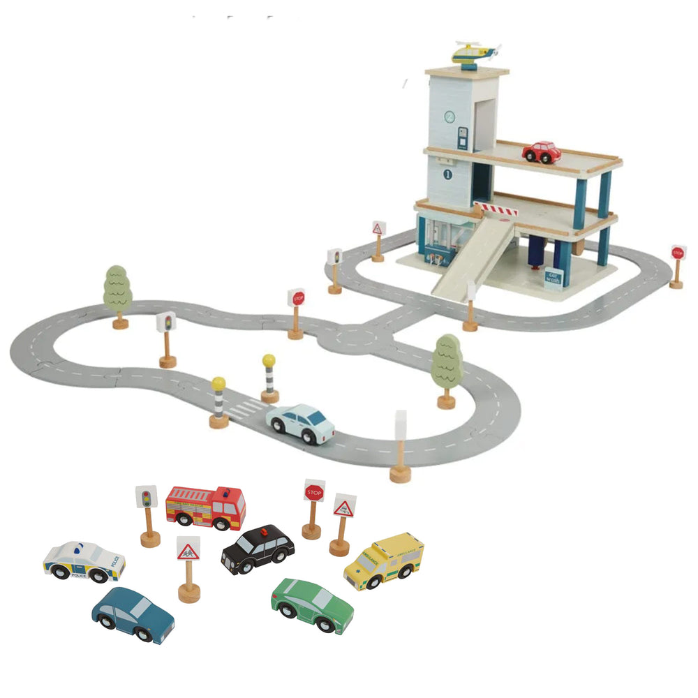 Wooden Toy Garage with Track & Cars