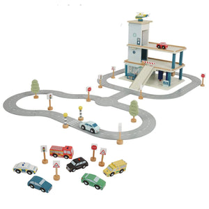Wooden Toy Garage with Track & Cars