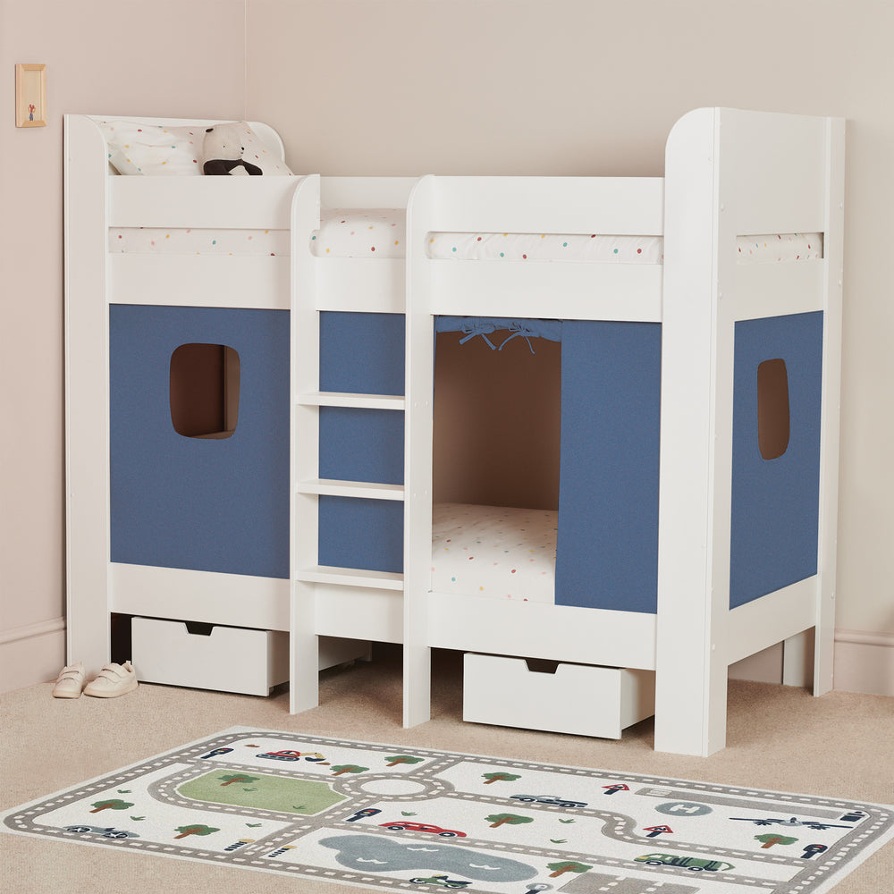 Paddington Bunk Bed, Ocean Blue Curtains