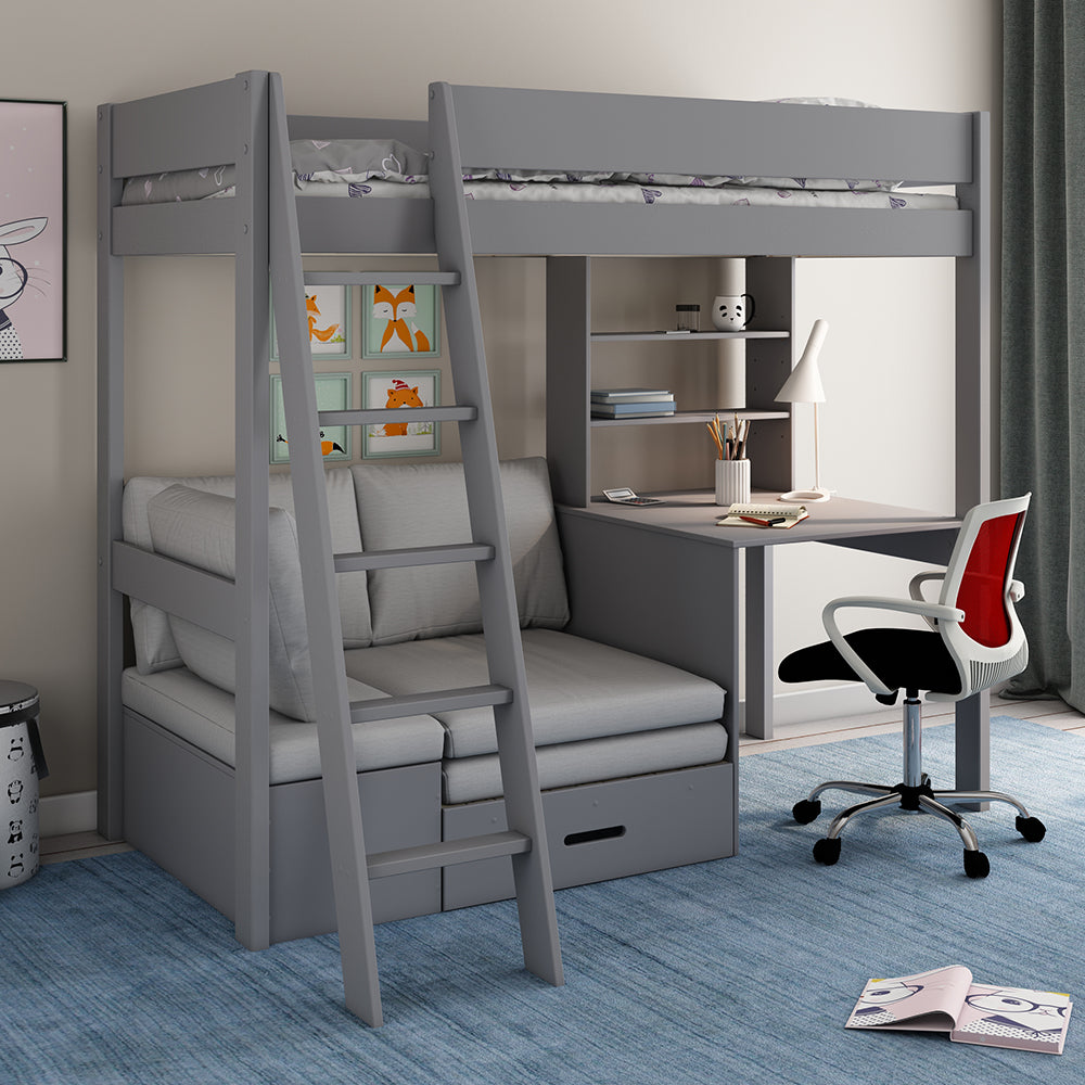 Voyager High Sleeper with Sofa, Desk & Storage, Grey with silver Cushions	