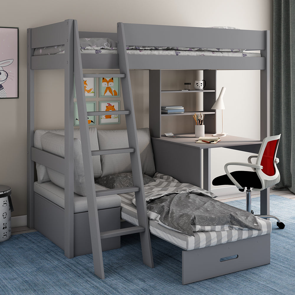 Voyager High Sleeper with Sofa, Desk & Storage, Grey with silver Cushions	