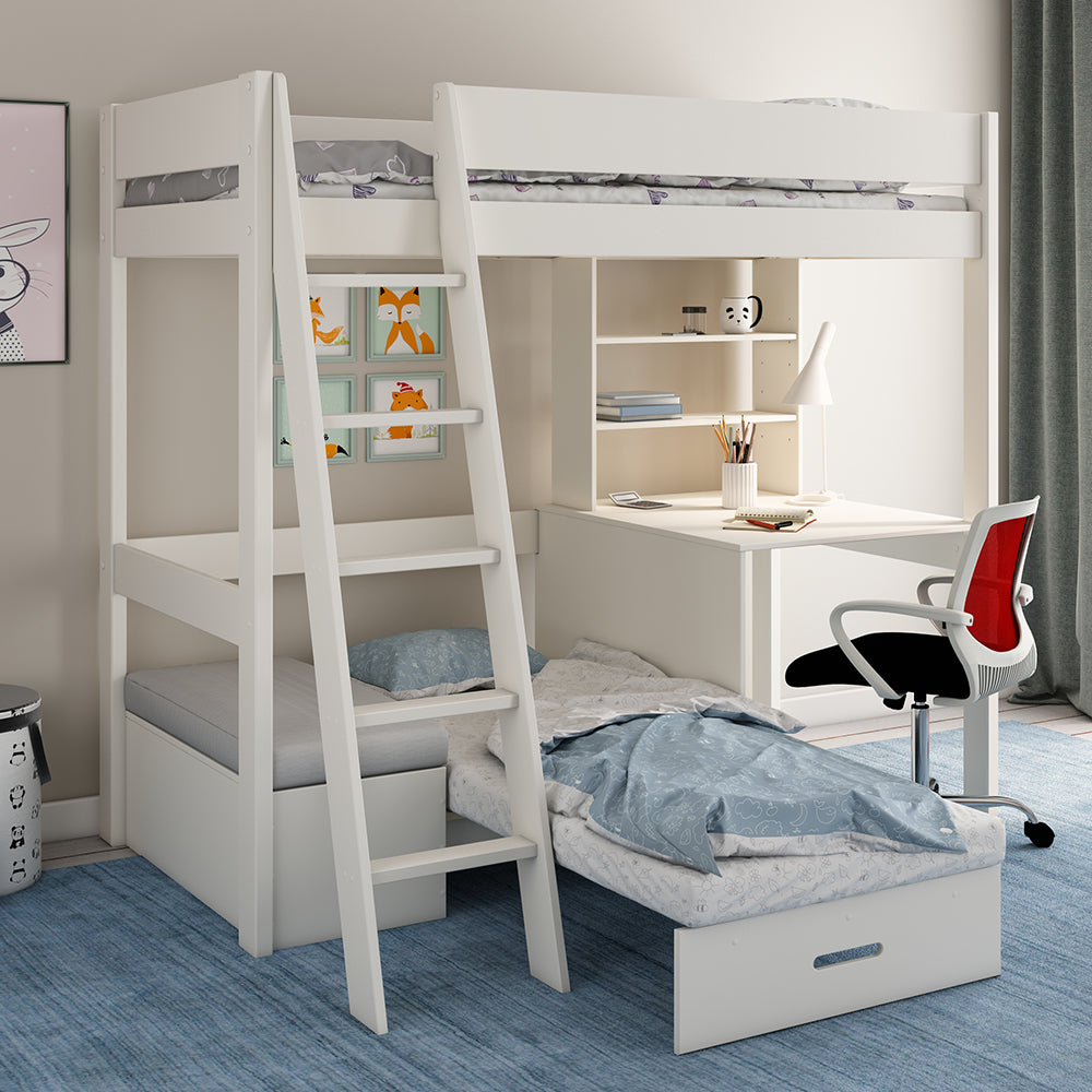 Voyager High Sleeper with Sofa, Desk & Storage, White with Silver Cushions	