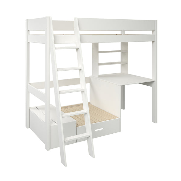 Voyager High Sleeper with Sofa, Desk & Storage, White with Silver Cushions	