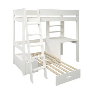 Voyager High Sleeper with Sofa, Desk & Storage, White with Silver Cushions