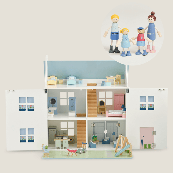 Wooden Dolls House & Furniture with Family Bundle