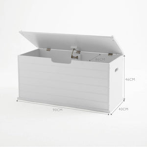 Open, white large tongue and groove classic toy box with dimensions