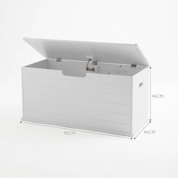 Open, white large tongue and groove classic toy box with dimensions