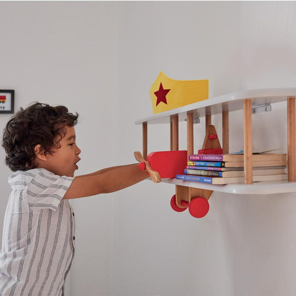 Floating Wooden Bi-Plane Shelf in Red & White	