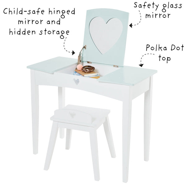 Sweetheart Dressing Table & Stool Set, Aqua Polka Dot