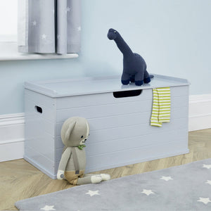 Grey large classic toy box in a room with toys	