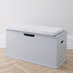 Grey large classic toy box with grey stardust cushion in a room