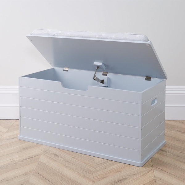 Grey large classic toy box with grey stardust cushion, open