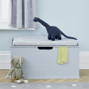 Grey large classic toy box with grey stardust cushion, with toys	