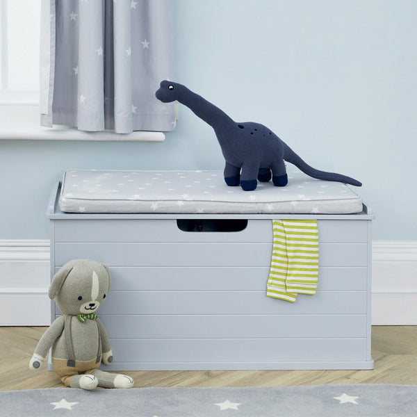 Grey large classic toy box with grey stardust cushion, with toys	