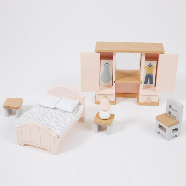 Wooden toy bed and bedroom furniture