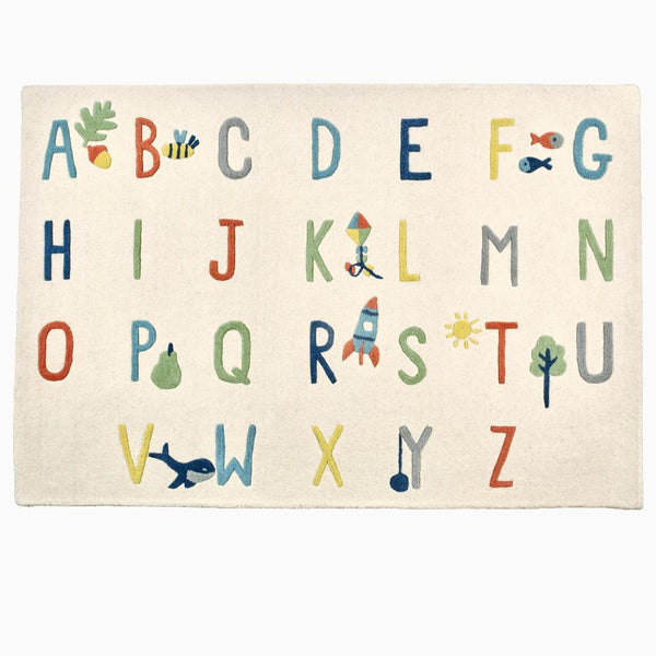 Children's alphabet rug with colorful letters and illustrations on a white background