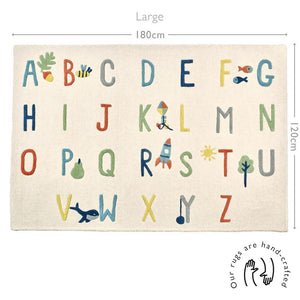 Children's rug with colorful letters and symbols, size 180cm x 120cm.
