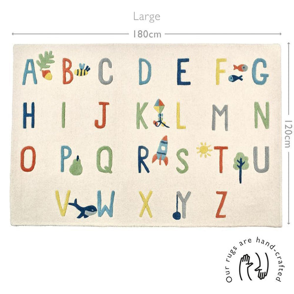 Children's rug with colorful letters and symbols, size 180cm x 120cm.