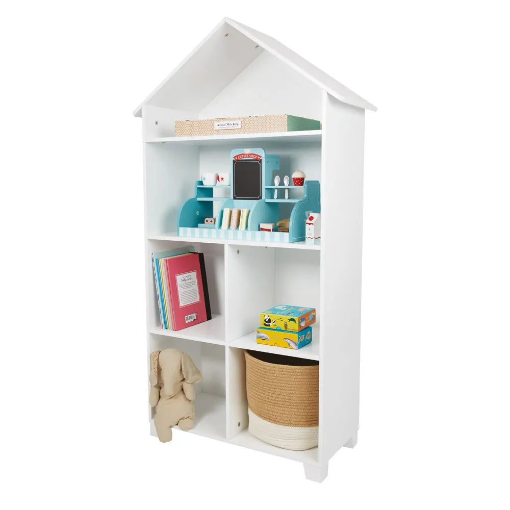 wooden bookcase with toys and books	