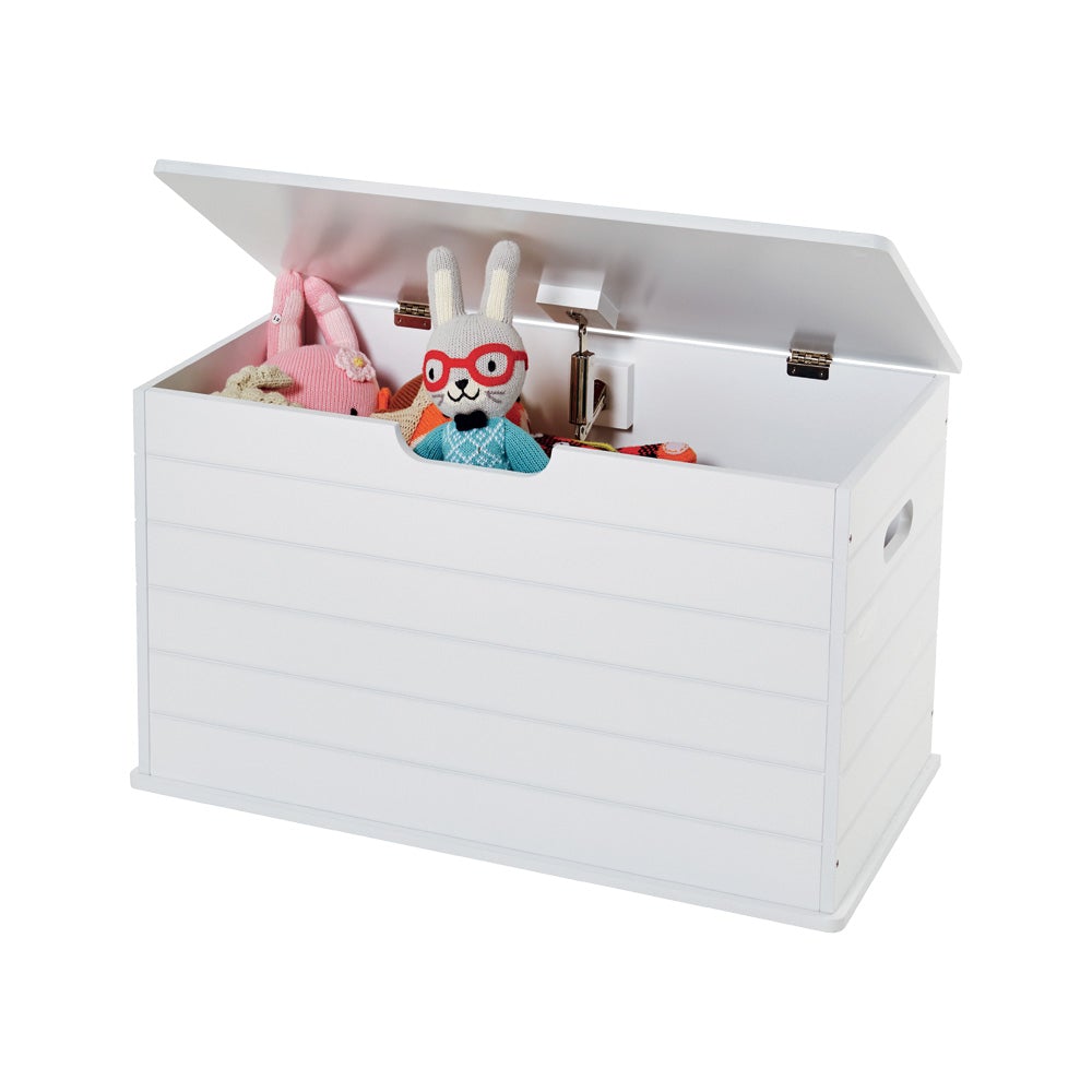 Open white classic toy box with toys