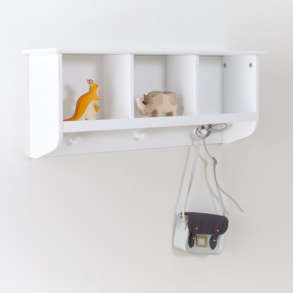 Floating Pigeonhole Wall Shelf with Hooks in White