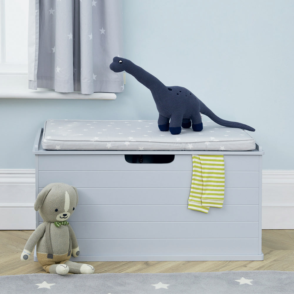 Grey large classic toy box with grey stardust cushion, with toys
