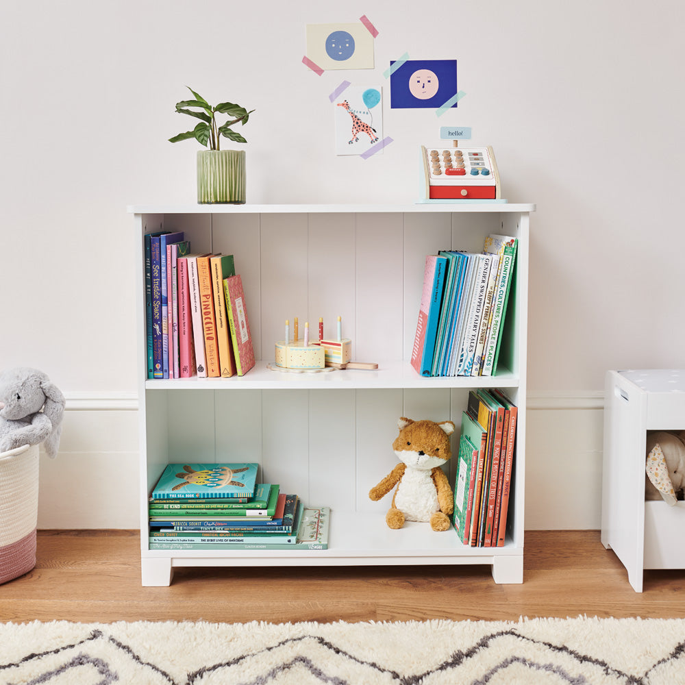 Crompton low bookcase with books and toys