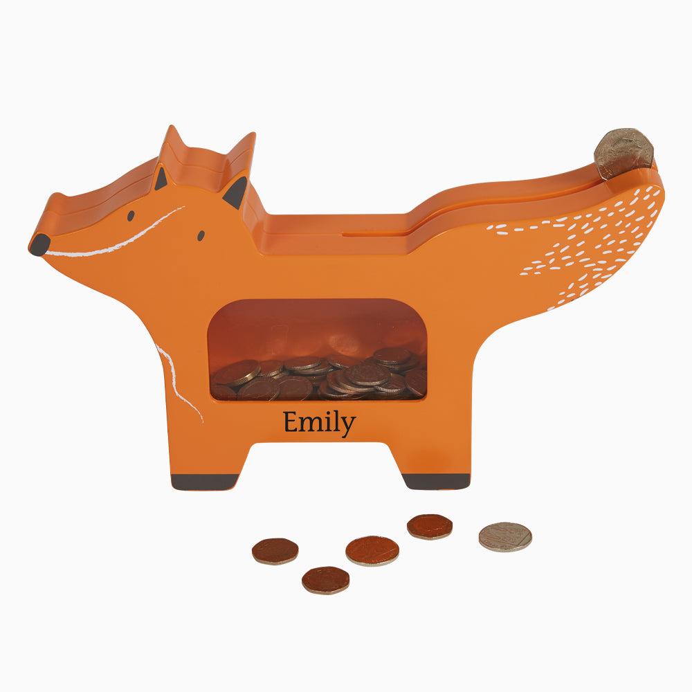 Personalised animal money box in fox design